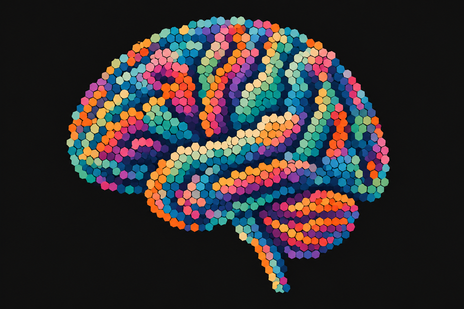 A human brain formed from hundreds of brightly colored individual cells